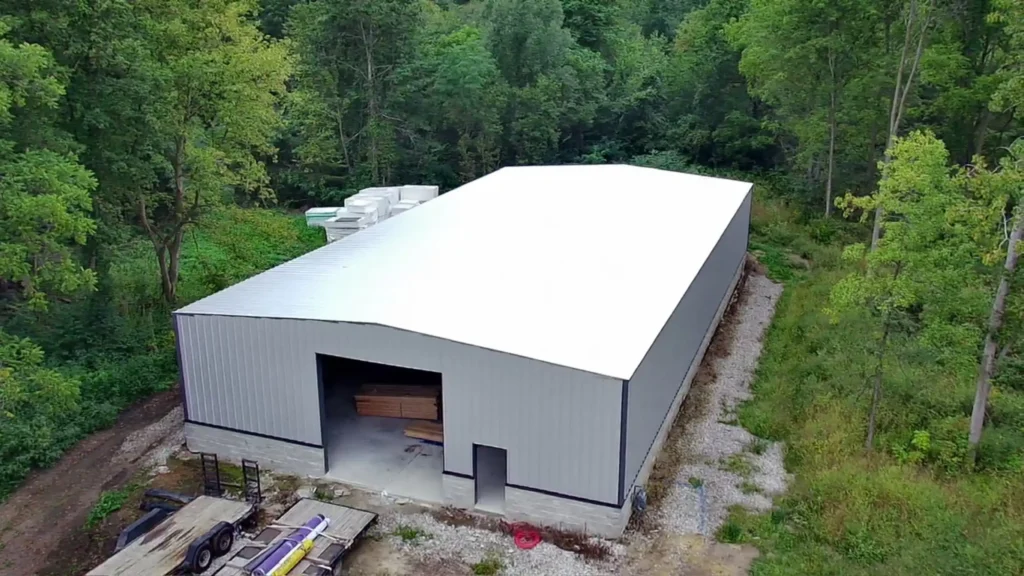 Drone view of newly retrofitted commercial warehouse roof