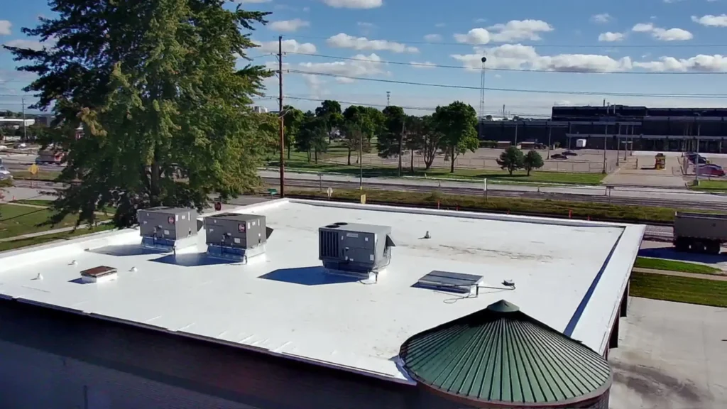 Drone view of new PVC commercial roof