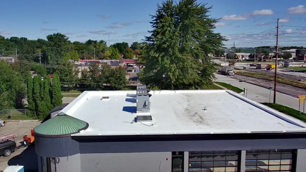 Drone view of new PVC commercial roof