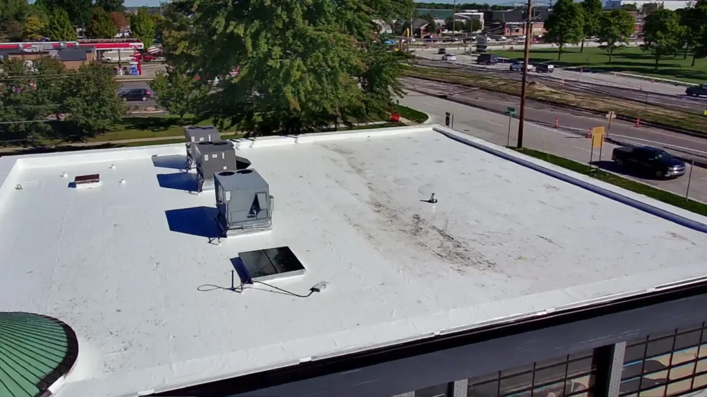 Drone view of new PVC commercial roof