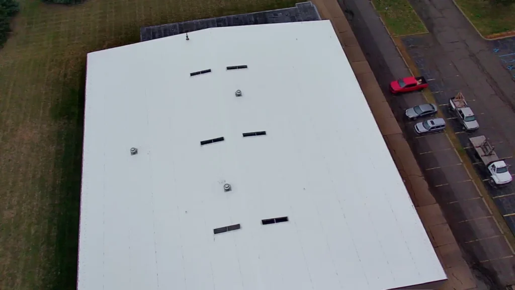 Bird's eye view of newly retrofitted commercial warehouse roof