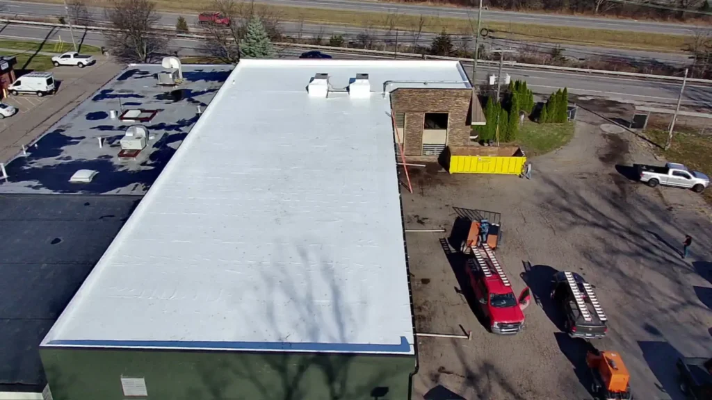 Drone view of new PVC commercial roof