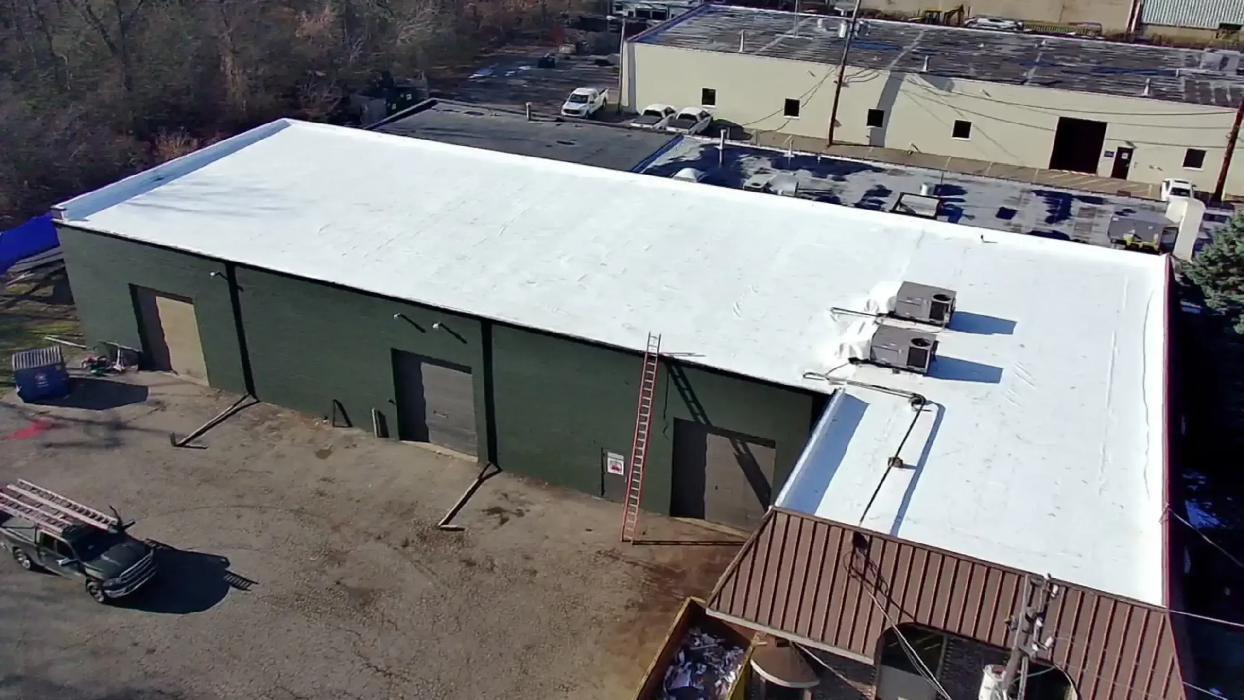 Drone view of new PVC commercial roof