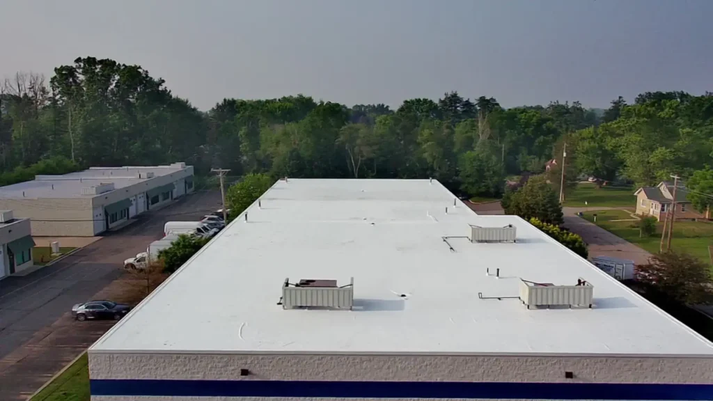 Drone view of new PVC commercial roof