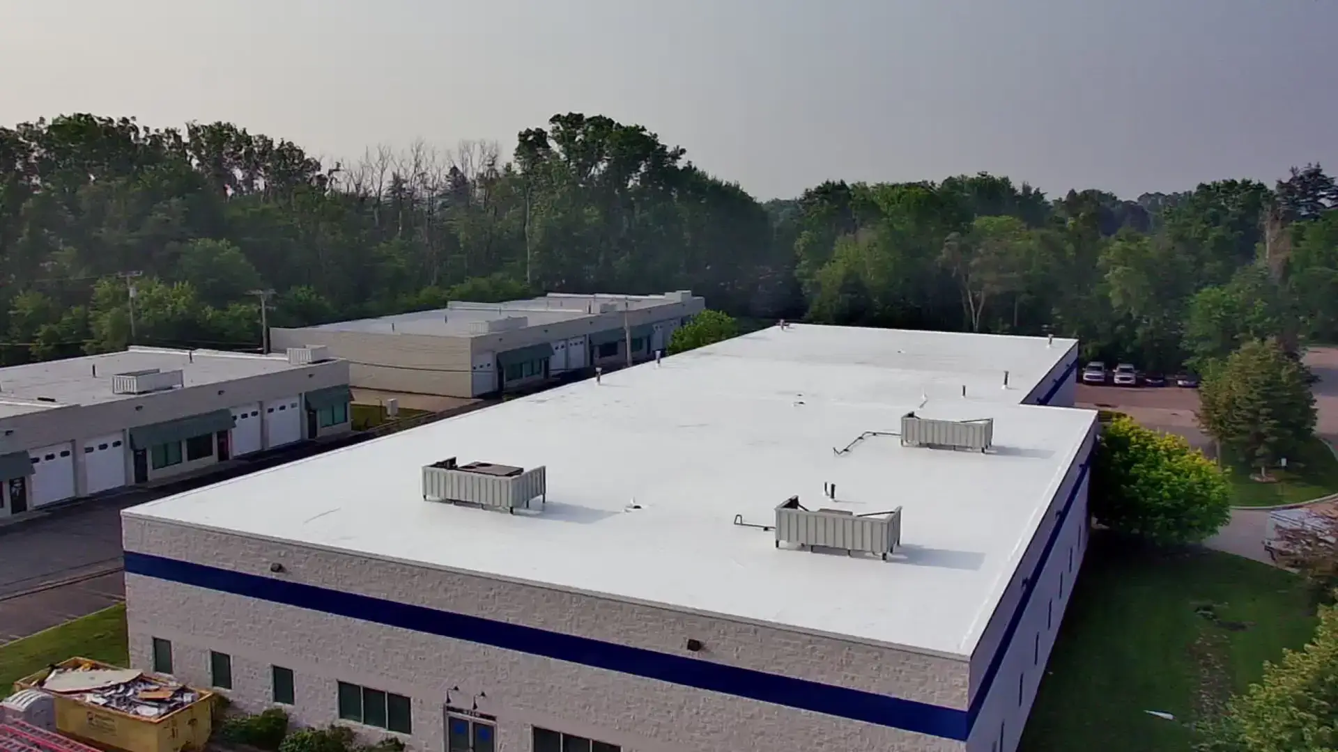 Drone view of new PVC commercial roof