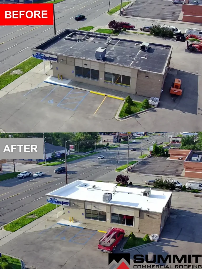 Before and after drone view of new TPO commercial roof