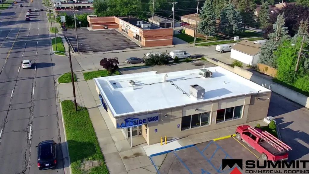 Drone view of new TPO commercial roof