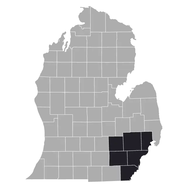 Map of counties in Michigan's lower peninsula, with the southeast counties darkened