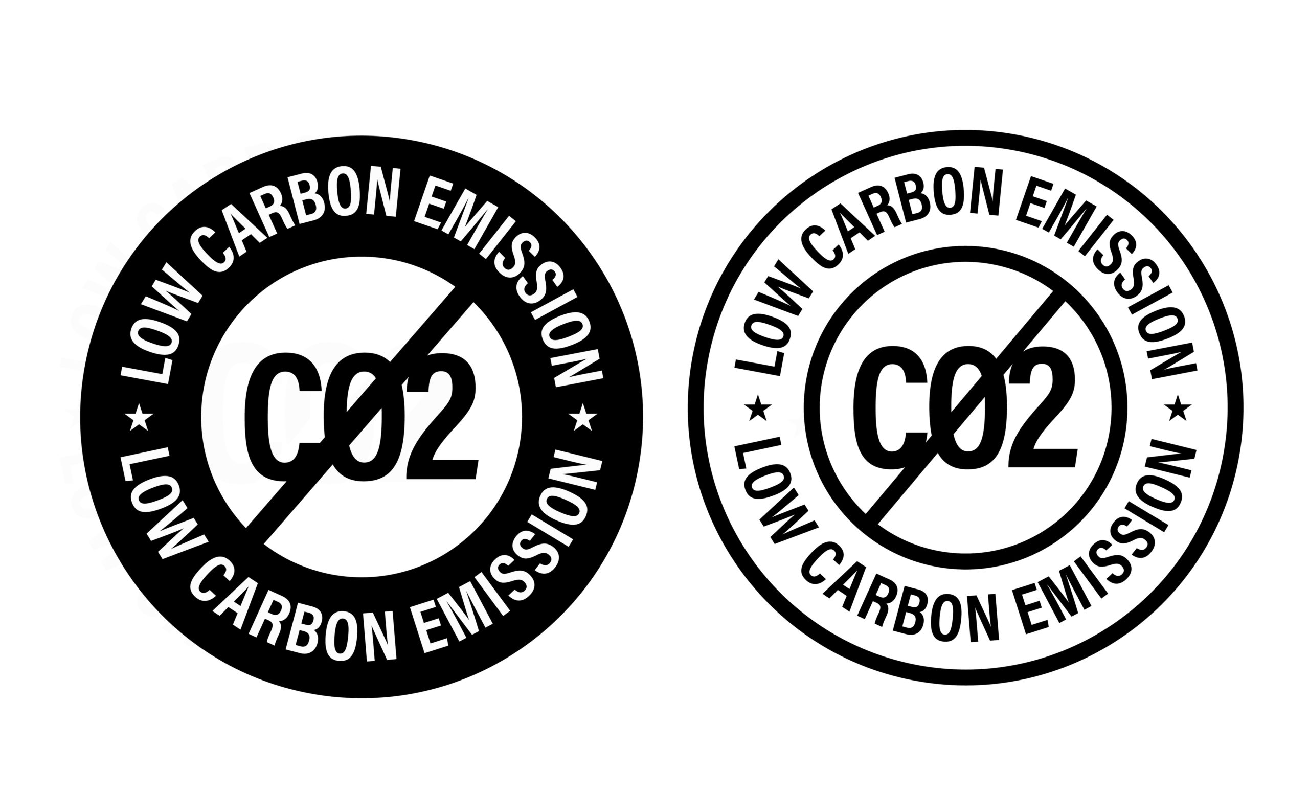 vector image of two circles, one black and one white, both with crossed out C02 text in the middle and low carbon emissions written around the circle