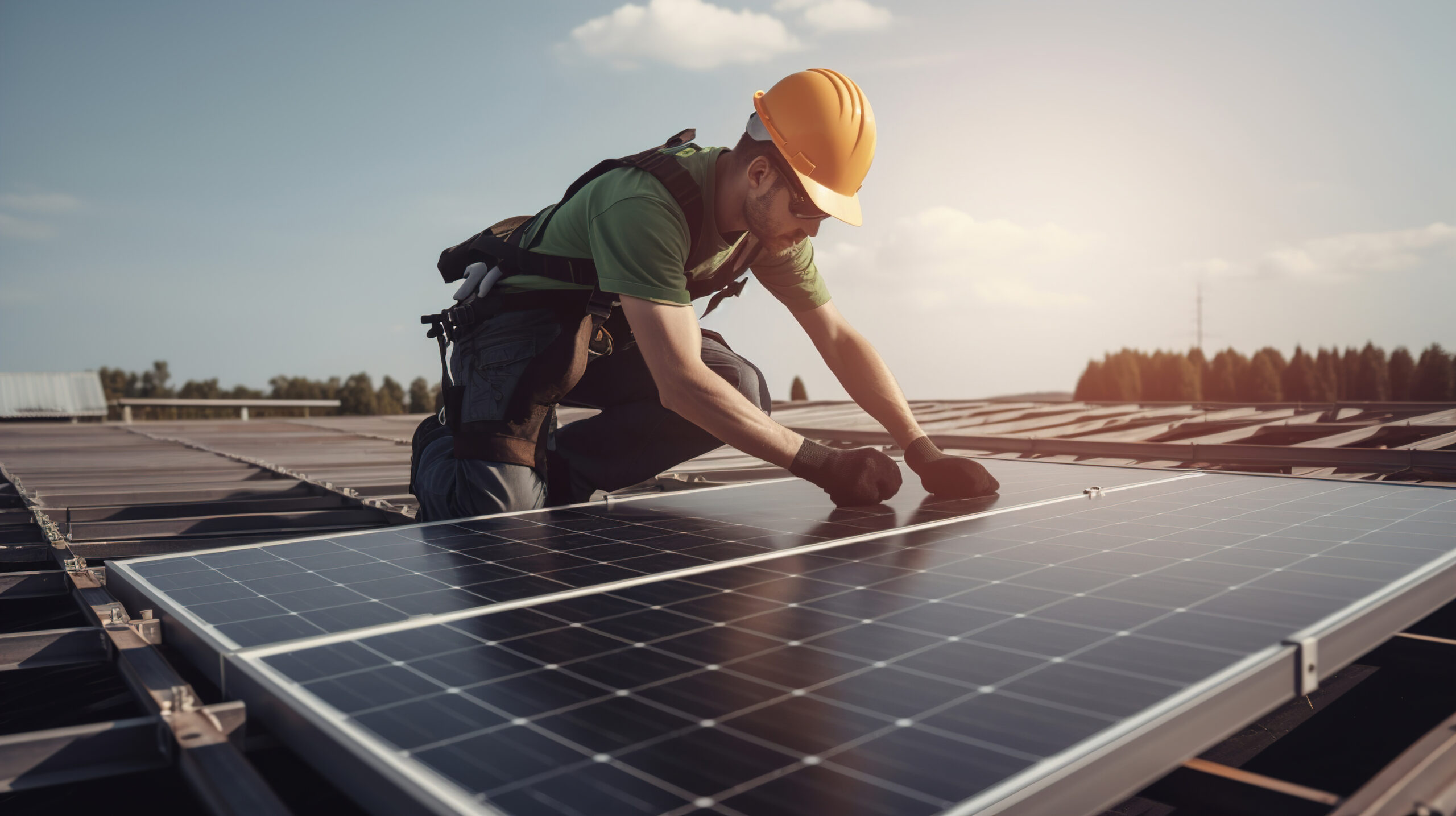 An engineer wearing a yellow hard hat crouches down as he installs a solar panel on a flat roof top