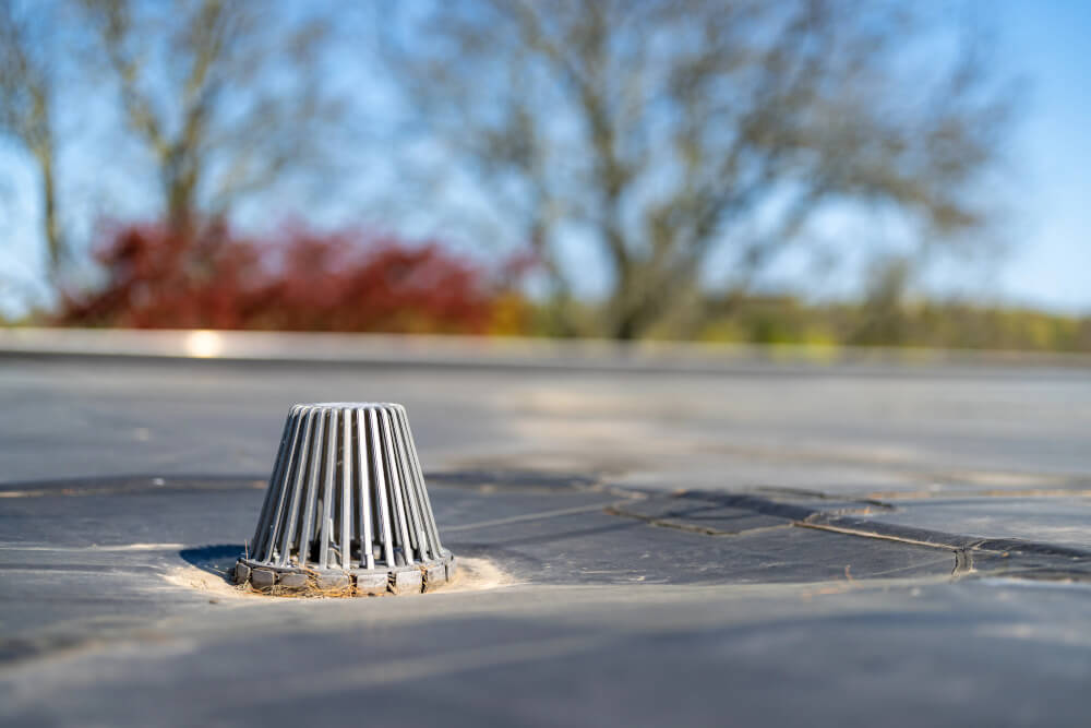 A clean metal cage over a roof drain on a flat EPDM roof