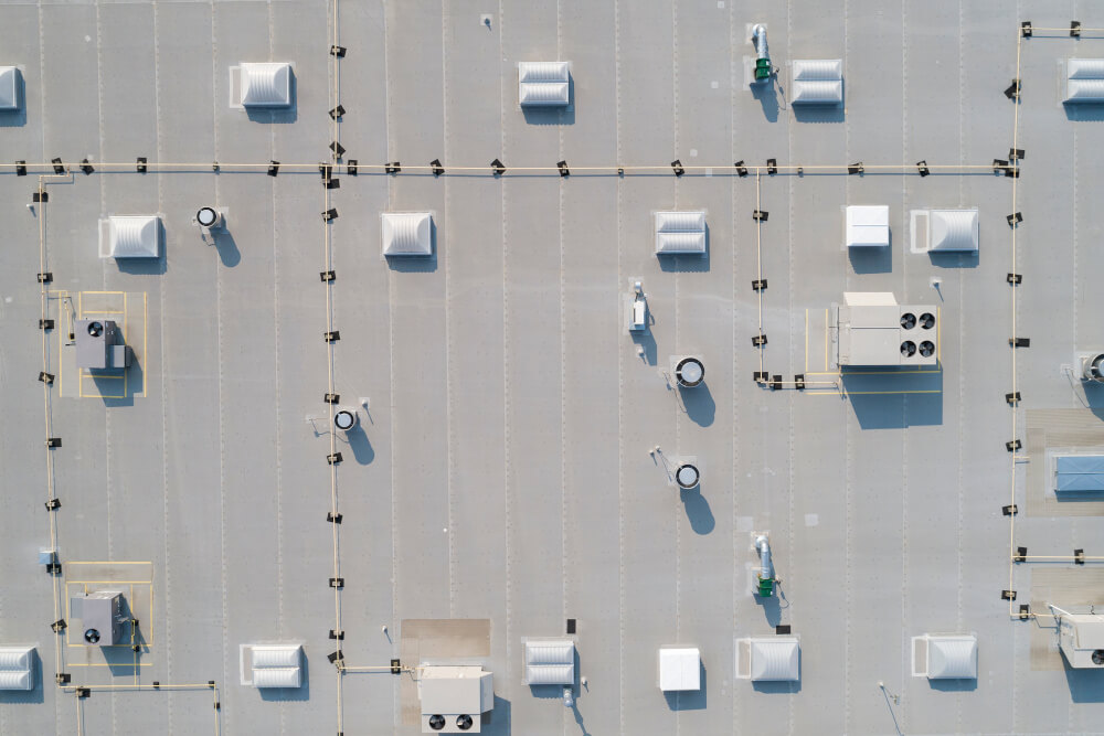 Aerial view of a metal commercial roof